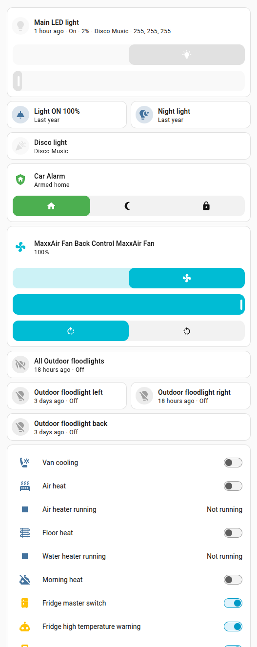 Home Assistant dashboard of a camper van: main LED light, night light, car alarm armed, MaxxAir roof fan at 100 %, outdoor floodlights off, van cooling, air and floor heating, water heater and fridge switches.